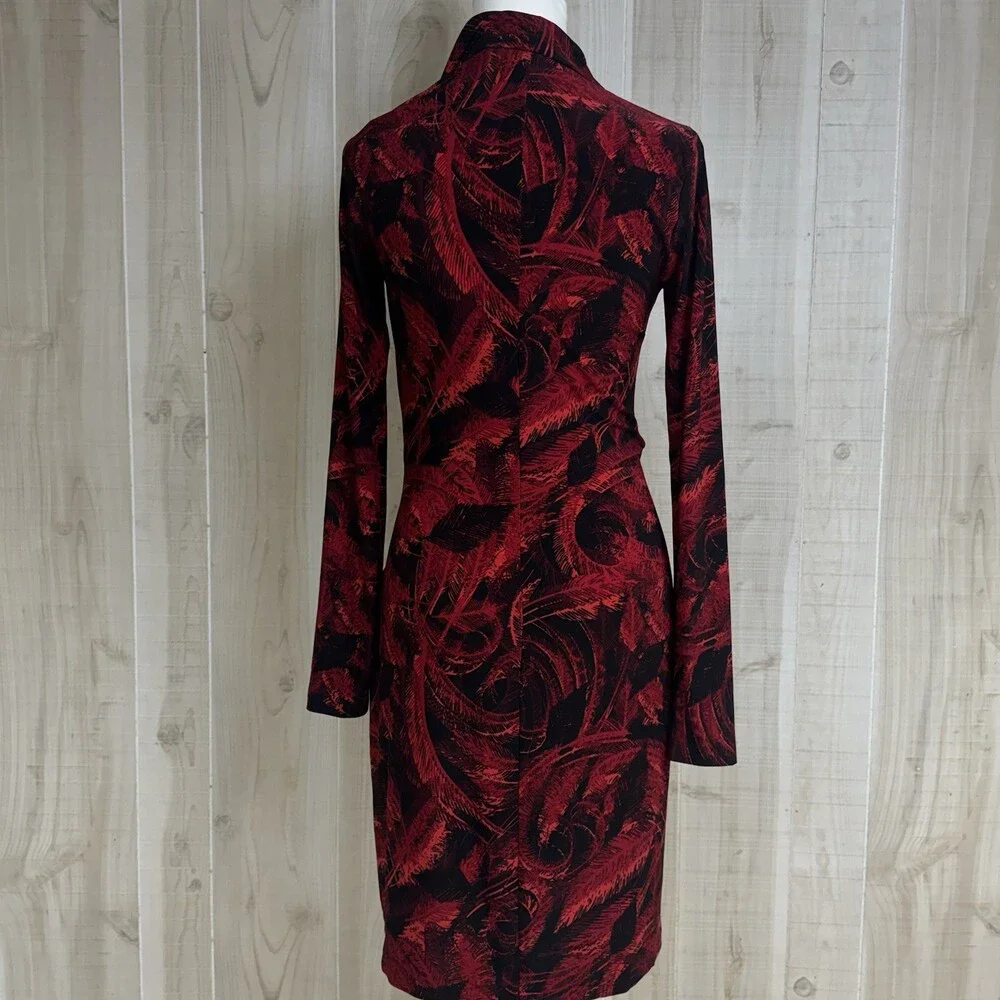 Norma Kamali Red Black Faux Wrap Dress Stretch Bodycon Long Sleeve Chic Bold Art - Picture 2 of 10